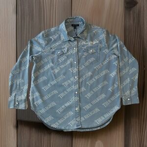 NWT True Religion Light Blue Button Down‎ Denim Long Sleeve Shirt Womens Size M